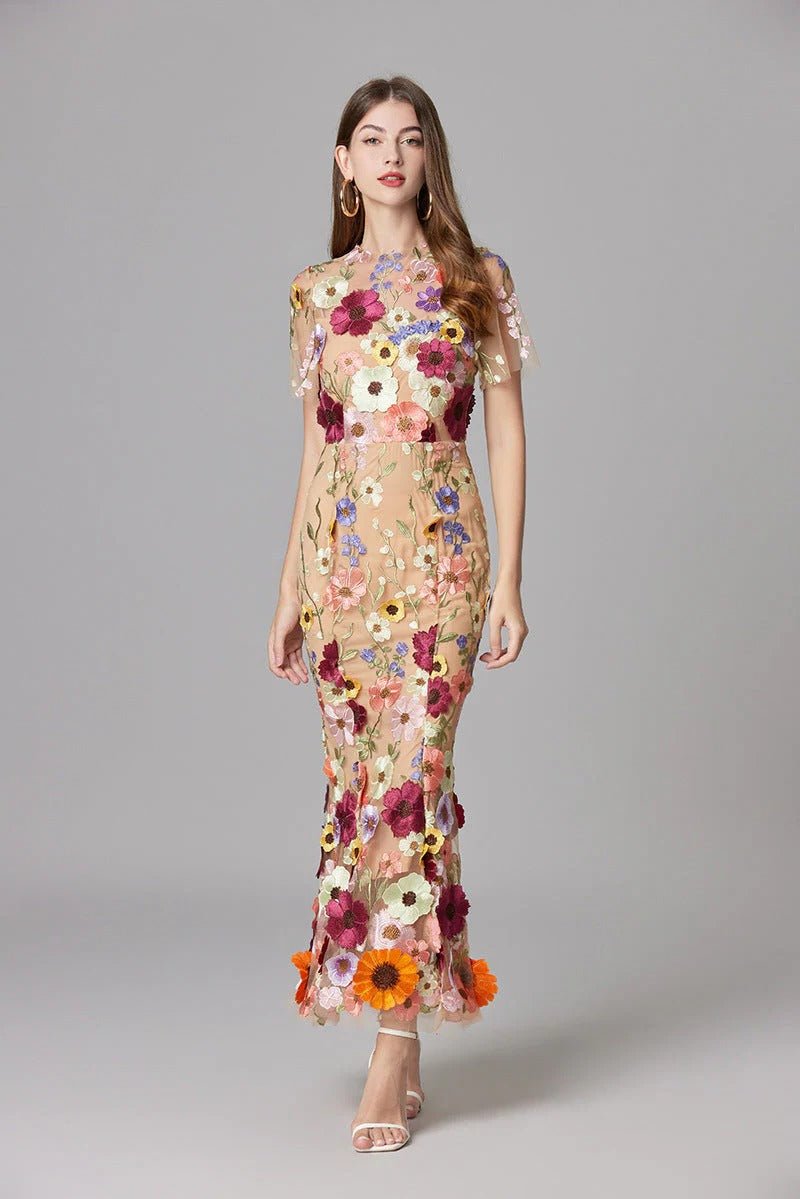 Women's 3D Floral Appliqué Sheer Mesh Sleeveless Column Maxi Dress