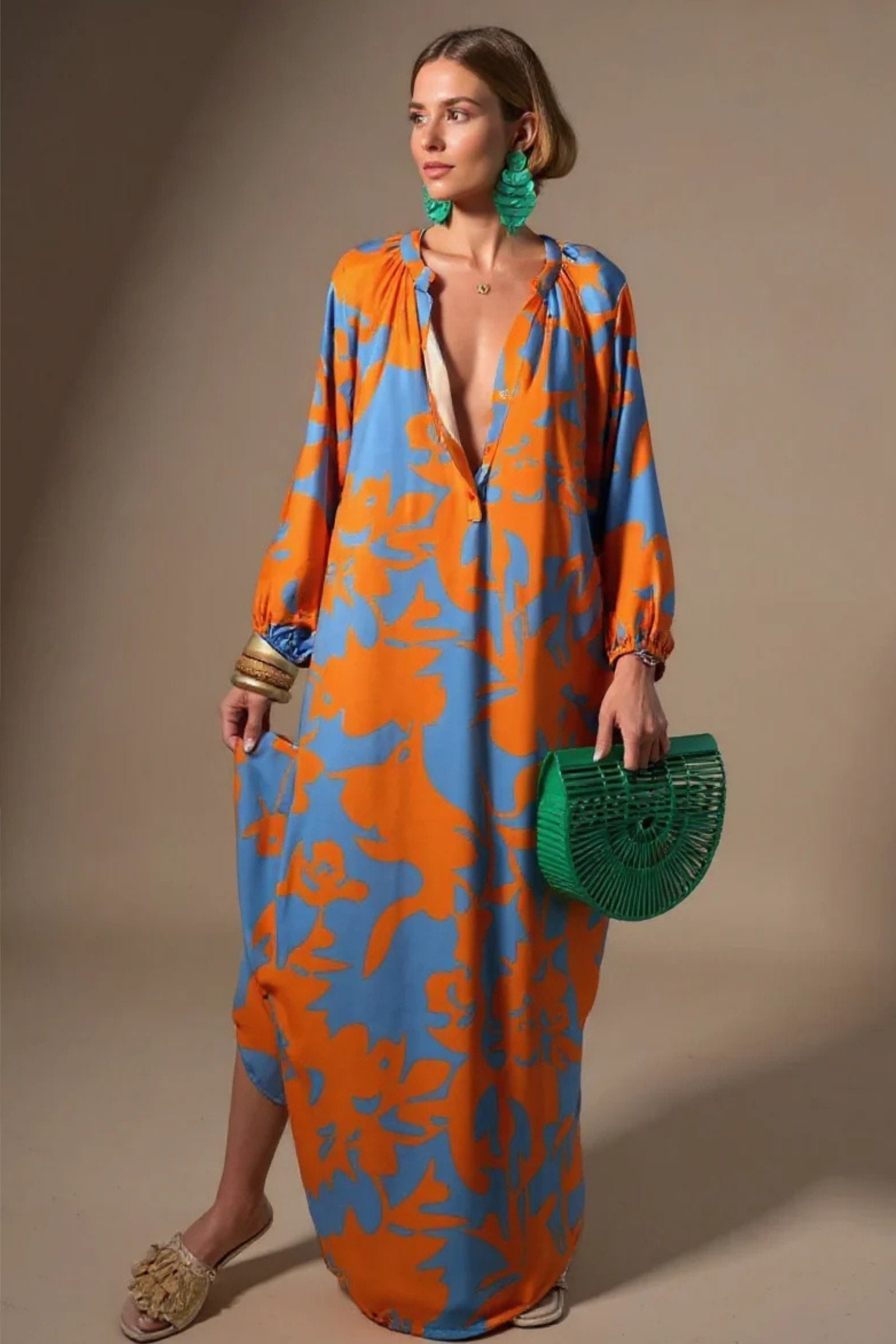 Women's Abstract Print Deep V-Neck Relaxed Kaftan Maxi Dress - Orange
