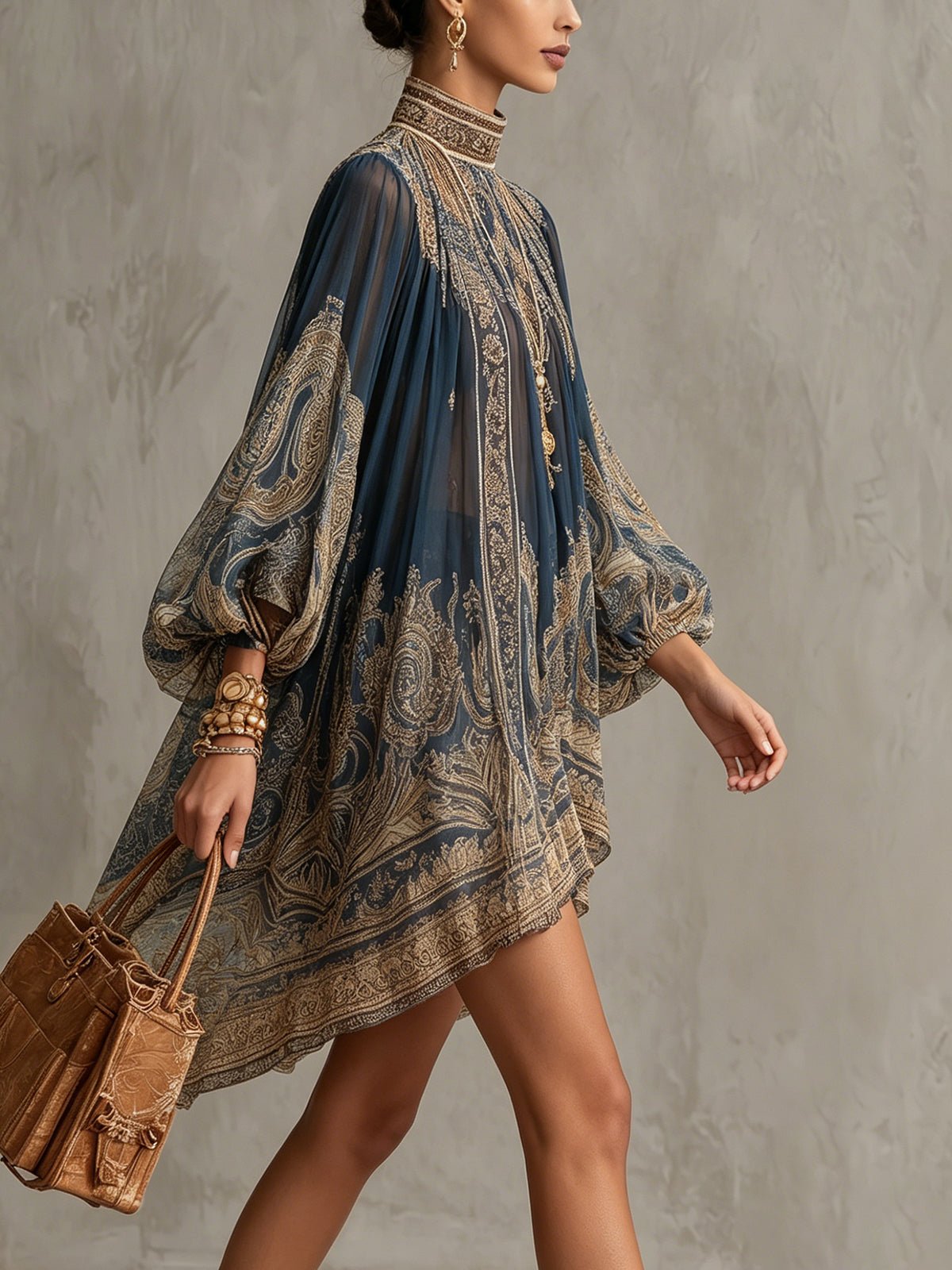 Women's Baroque Print Chiffon High-Neck Asymmetric Mini Dress
