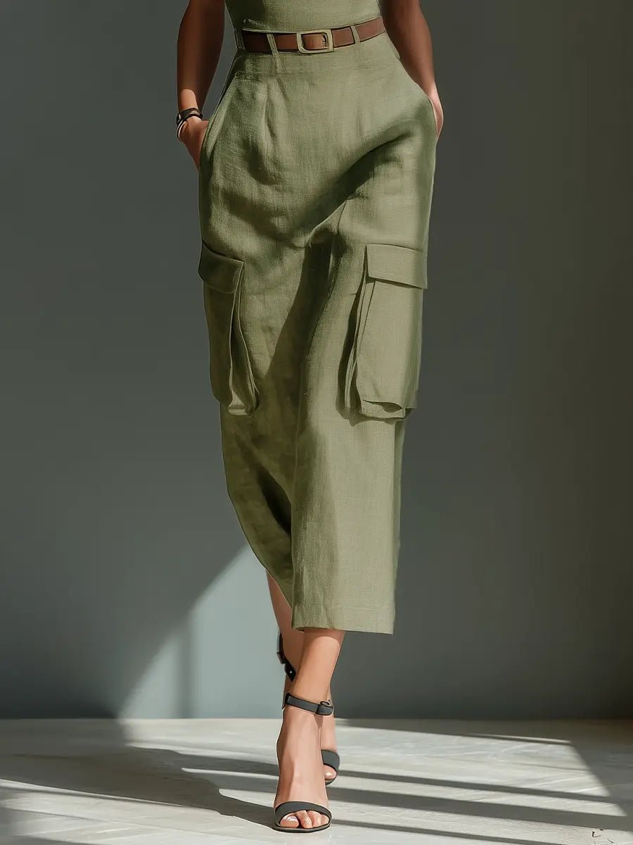 Women's Belted Linen Cargo-Pocket Midi Dress