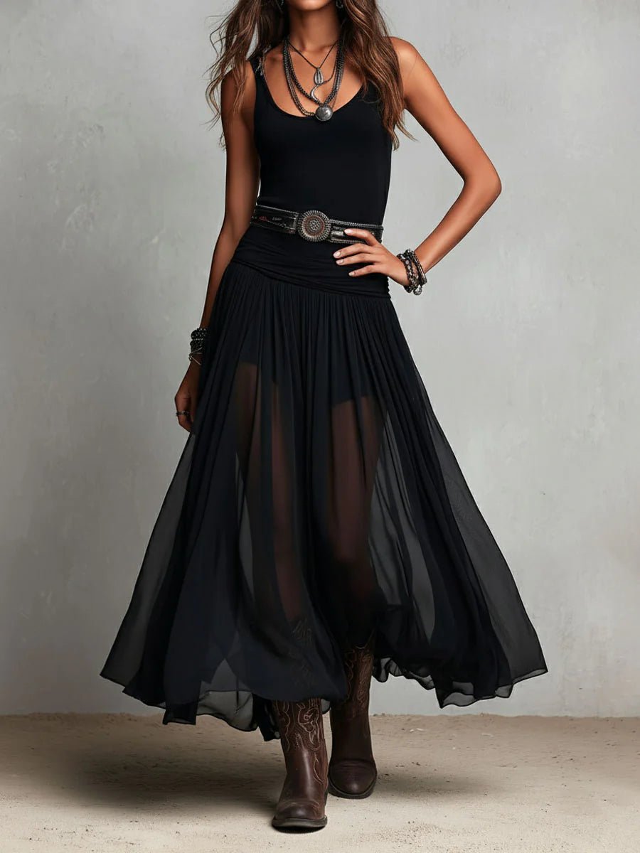 Women's Boho Black Sheer Tulle Belted V-Neck Maxi Dress