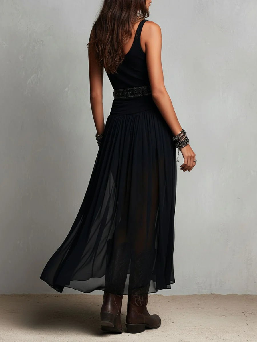 Women's Boho Black Sheer Tulle Belted V-Neck Maxi Dress