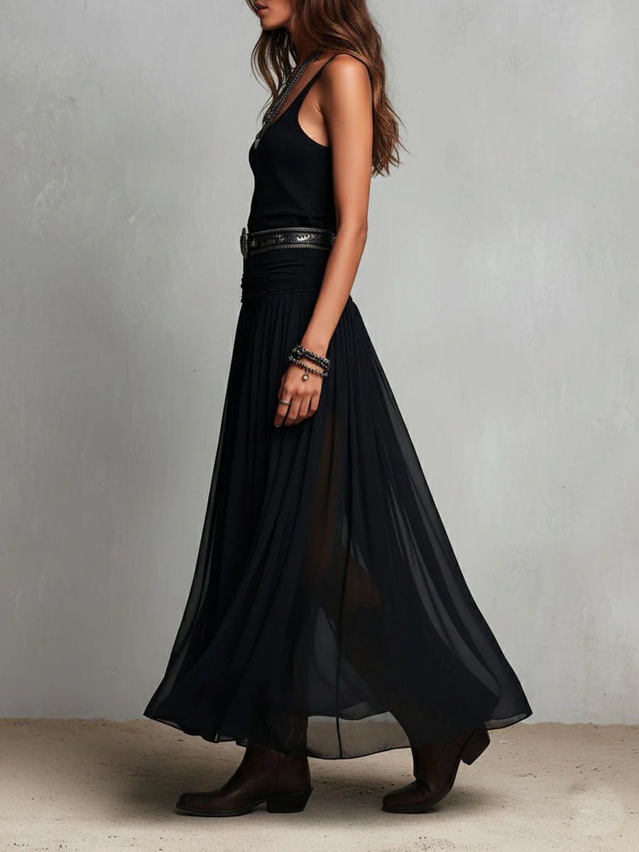 Women's Boho Black Sheer Tulle Belted V-Neck Maxi Dress