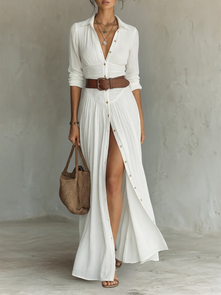Women's Boho Button-Front Belted Maxi Shirt Dress - White