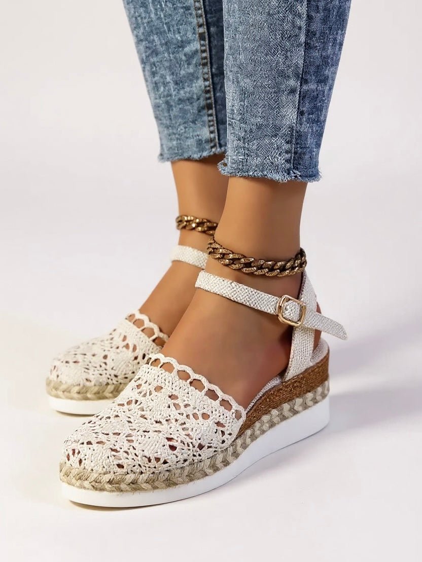 Women's Boho Crochet Ankle-Strap Espadrille Platform Sandals - Beige