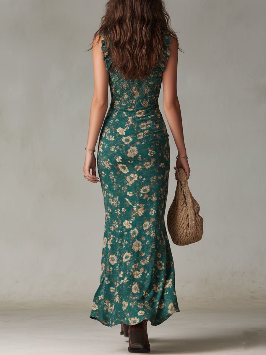 Women's Boho Floral Smocked Sleeveless Maxi Dress Side Split