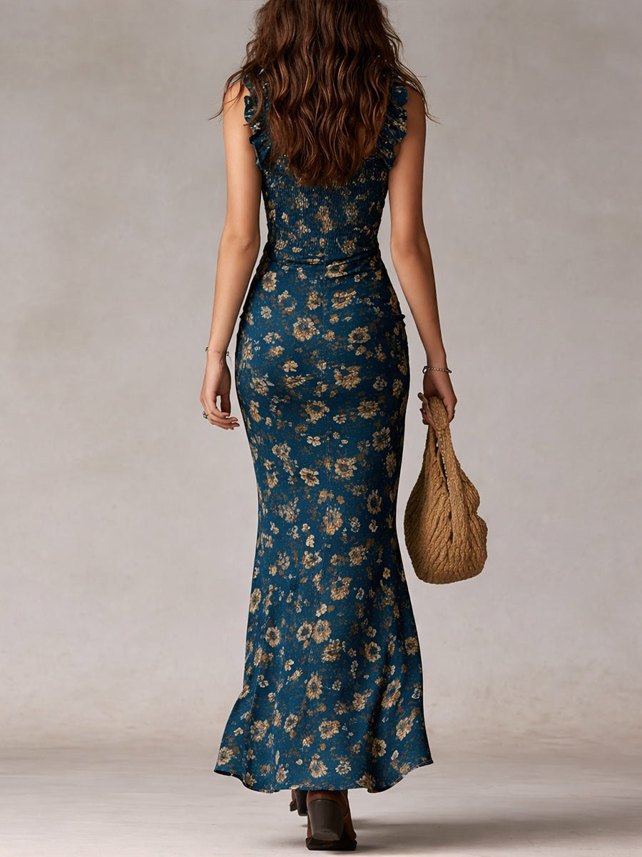 Women's Boho Floral Smocked Sleeveless Maxi Dress Side Split