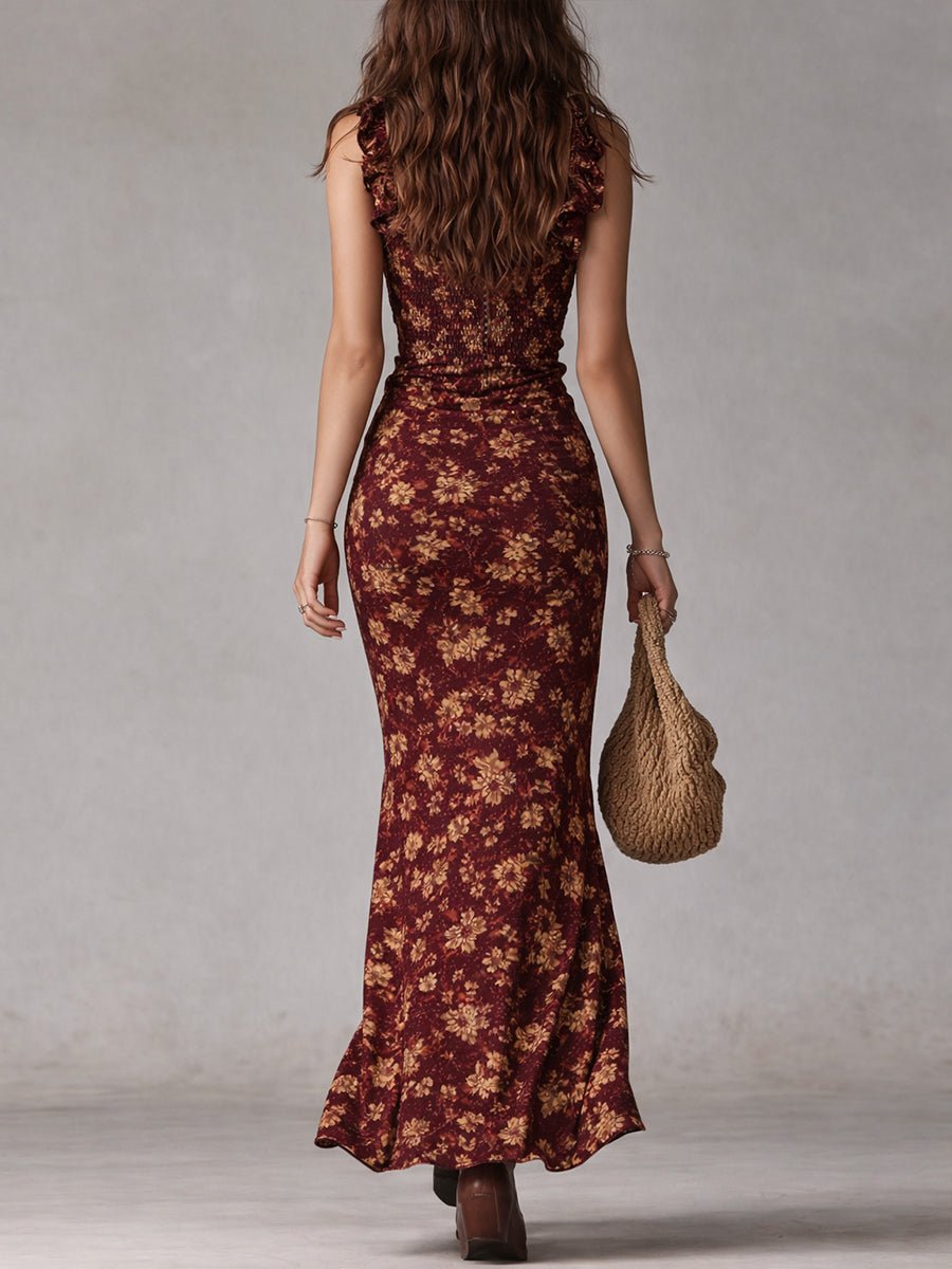 Women's Boho Floral Smocked Sleeveless Maxi Dress Side Split