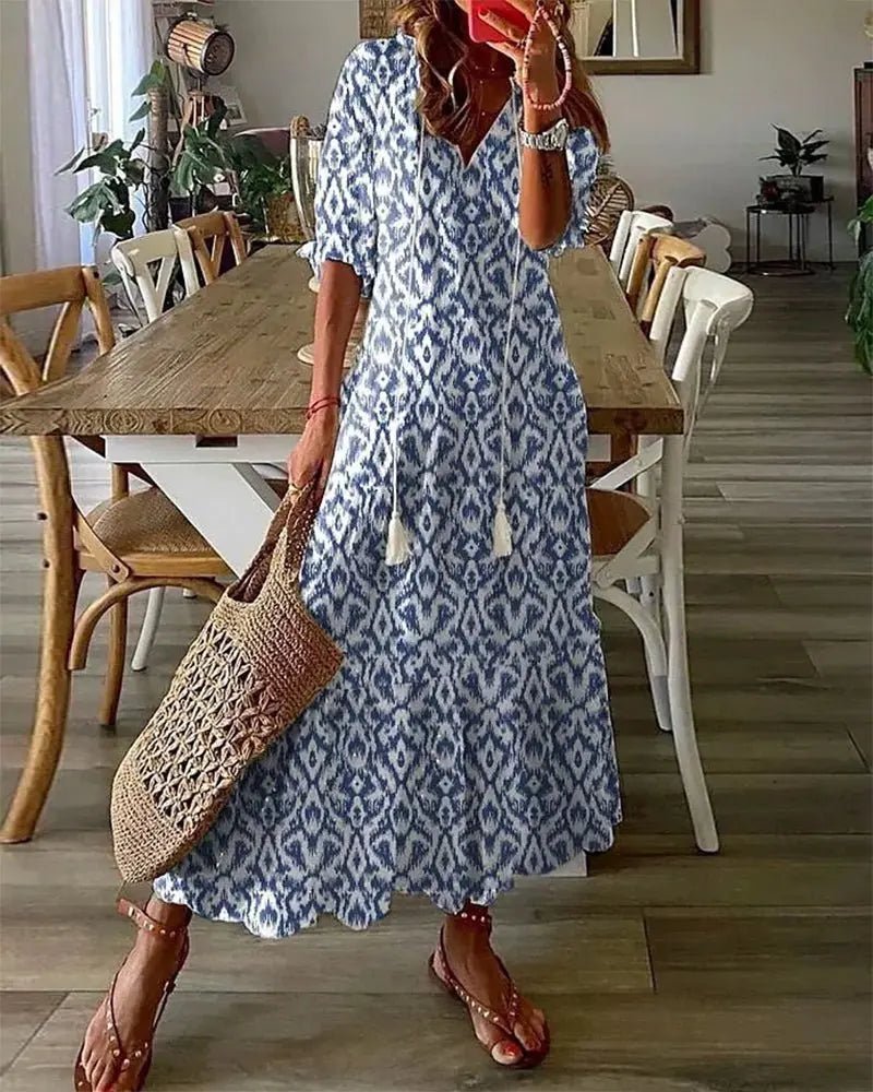 Women's Boho Geometric-Print V-Neck Lantern-Sleeve Maxi Dress - Blue