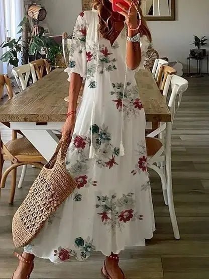 Women's Boho Geometric-Print V-Neck Lantern-Sleeve Maxi Dress - White
