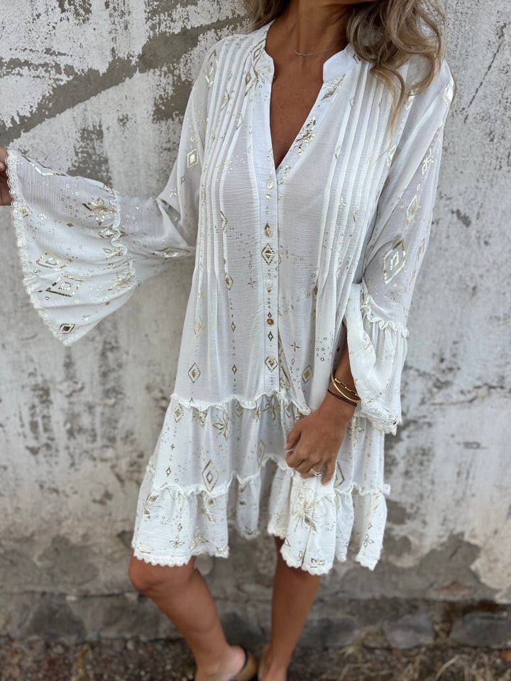 Women's Boho Gold-Embellished Flared-Sleeve Tiered Mini Dress - White