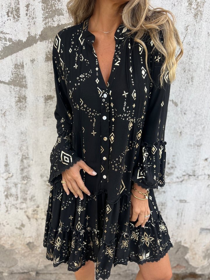Women's Boho Gold-Embellished Flared-Sleeve Tiered Mini Dress
