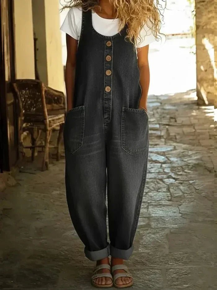 Women's Boho Loose-Fit Sleeveless Denim Dungaree Jumpsuit - Black