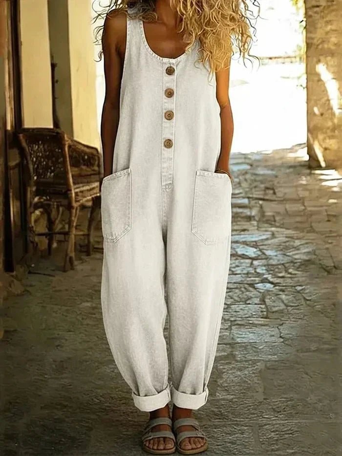 Women's Boho Loose-Fit Sleeveless Denim Dungaree Jumpsuit - White