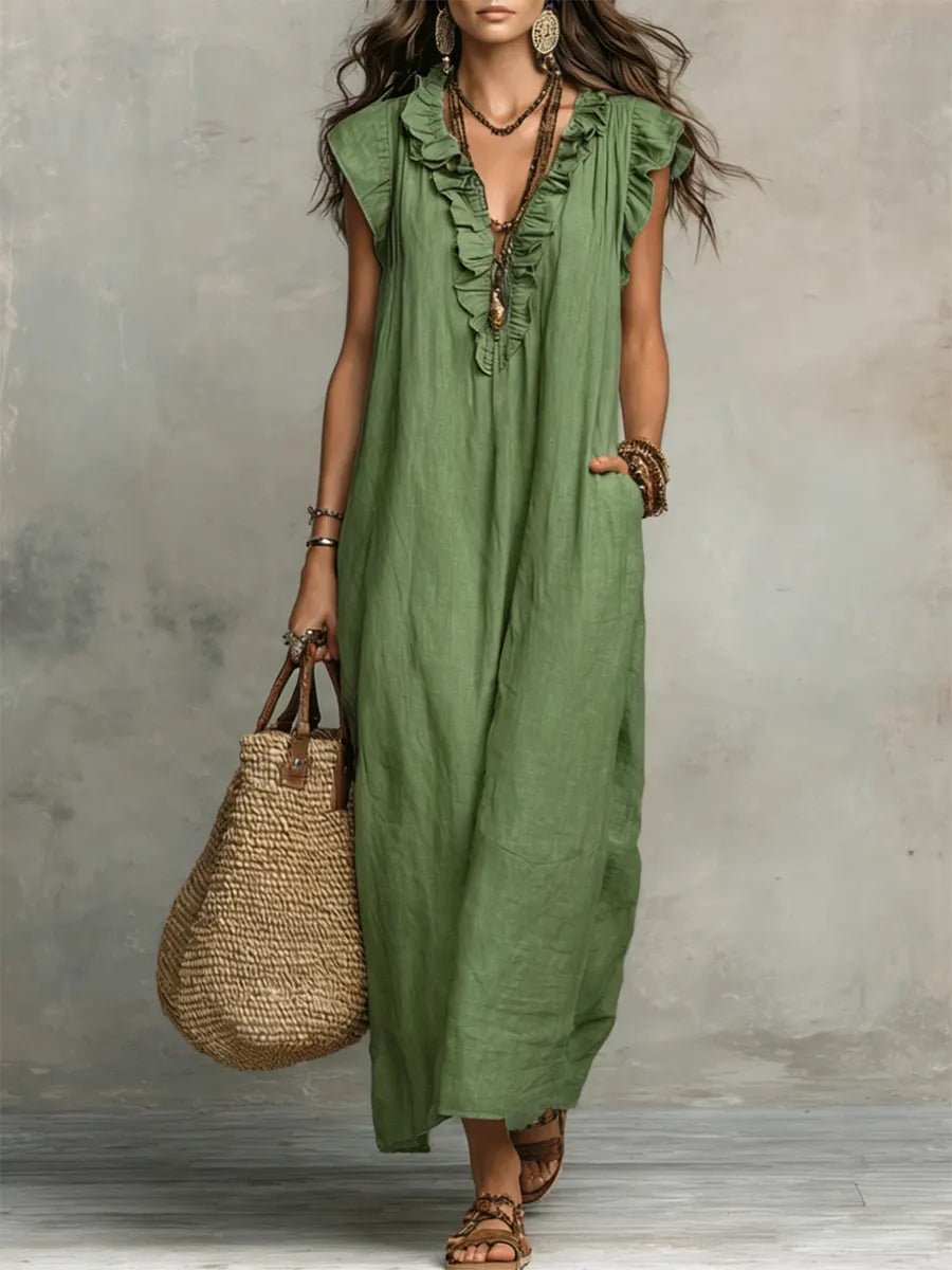 Women's Boho Ruffle V-Neck Flutter Sleeve Linen Maxi Dress - Green