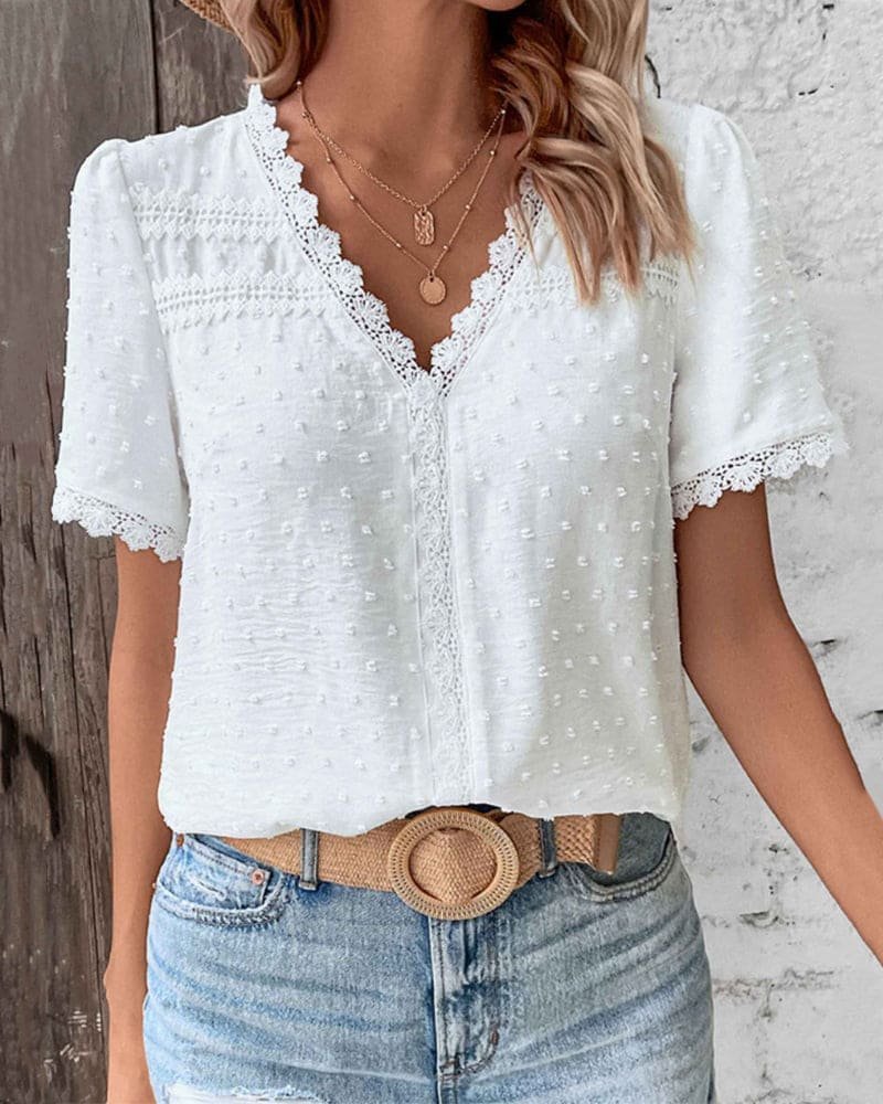 Women's Boho Swiss Dot Lace Trim V-Neck Cropped Blouse - White