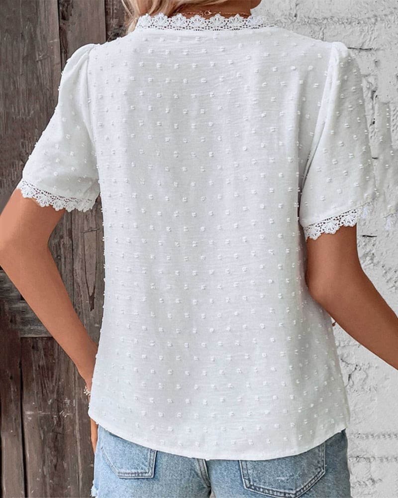 Women's Boho Swiss Dot Lace Trim V-Neck Cropped Blouse