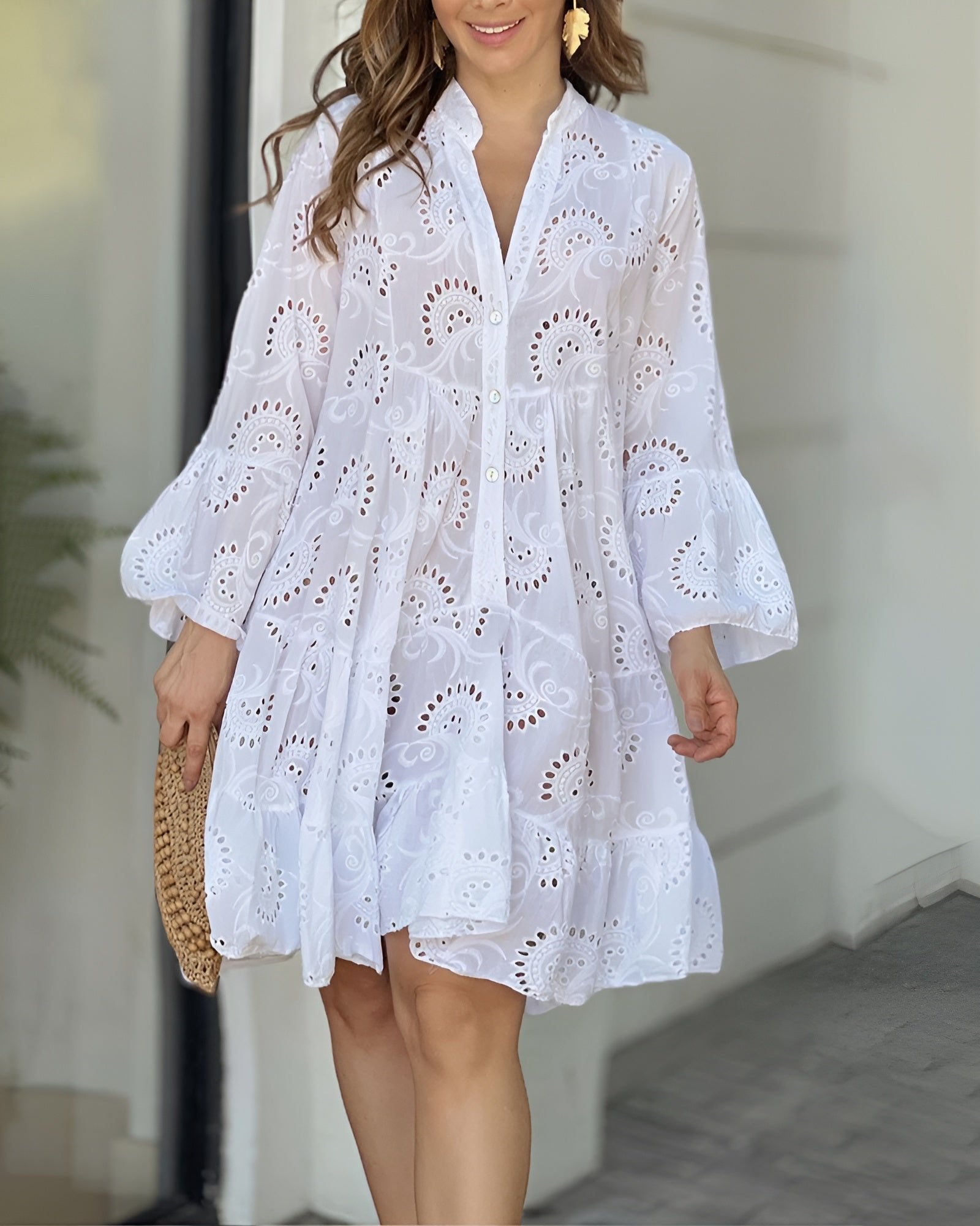 Women's Broderie Anglaise Tiered Flowy Button-Down Mini Dress - White