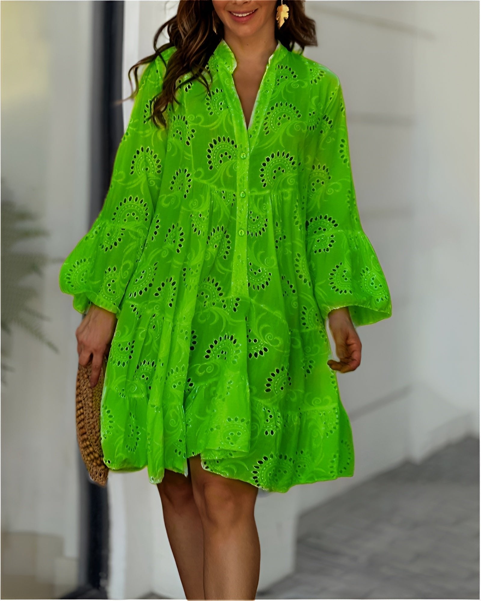 Women's Broderie Anglaise Tiered Flowy Button-Down Mini Dress - Green