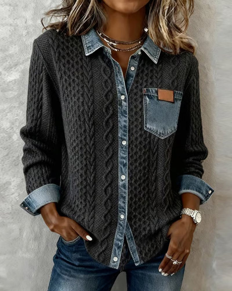 Women's Cable-Knit Denim Patchwork Long-Sleeve Button-Up Shirt - Dark Gray
