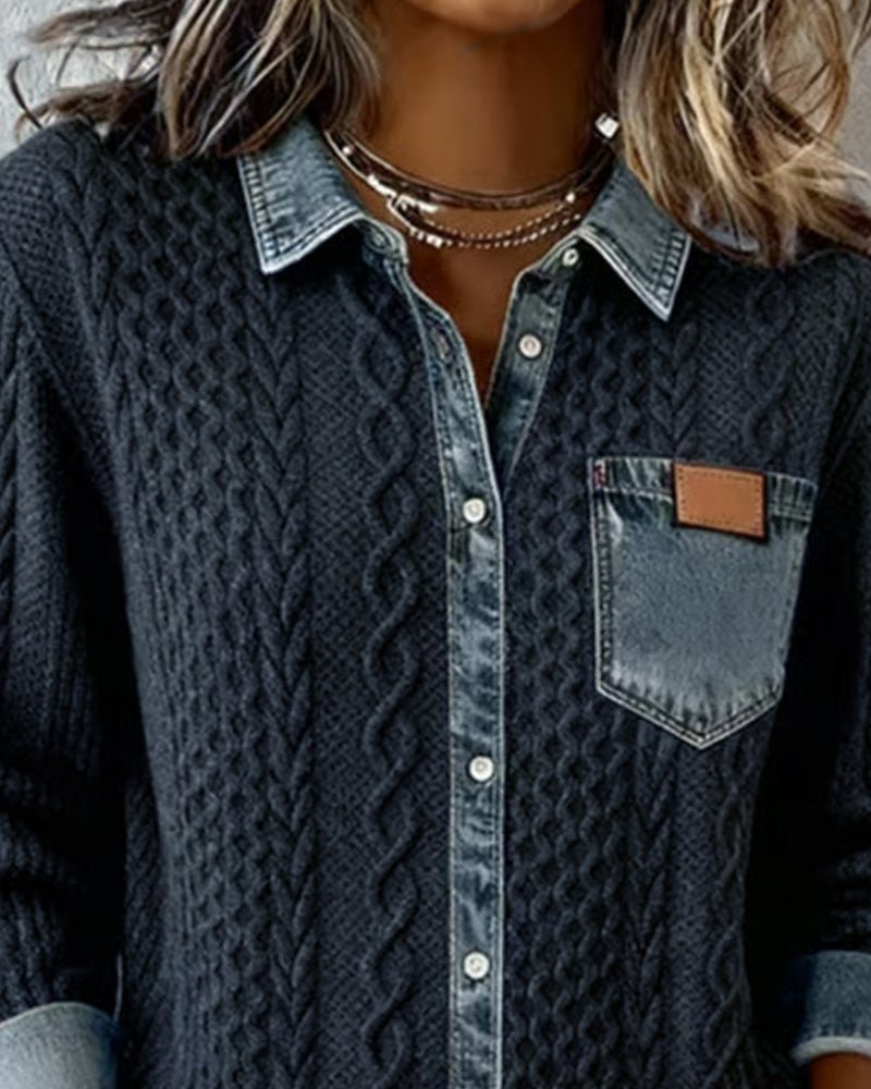 Women's Cable-Knit Denim Patchwork Long-Sleeve Button-Up Shirt