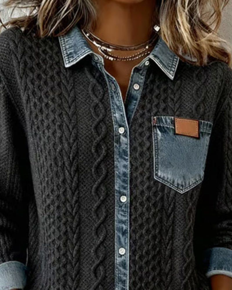 Women's Cable-Knit Denim Patchwork Long-Sleeve Button-Up Shirt