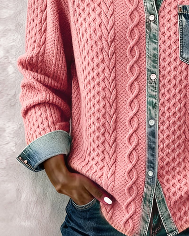 Women's Cable-Knit Denim Patchwork Long-Sleeve Button-Up Shirt
