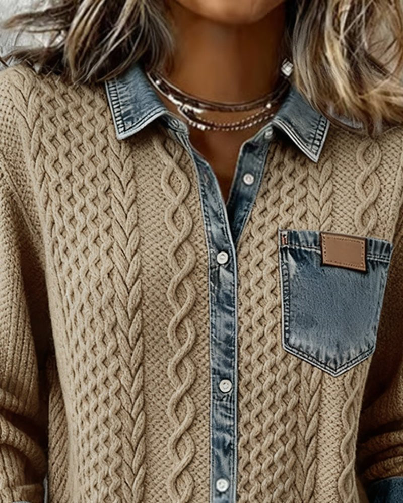 Women's Cable-Knit Denim Patchwork Long-Sleeve Button-Up Shirt