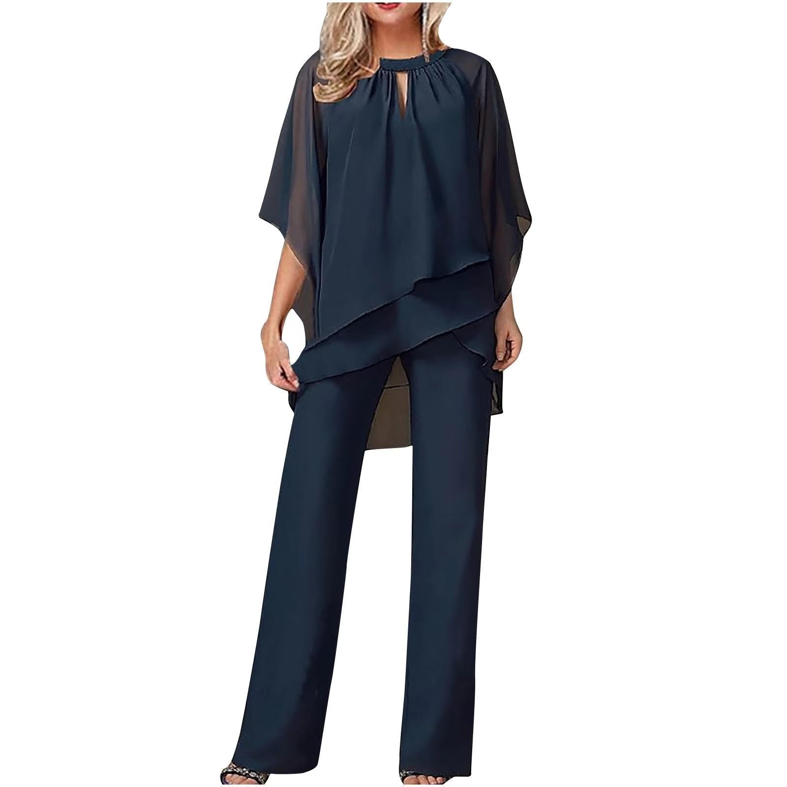 Women's Chiffon Asymmetric Batwing-Sleeve Wide-Leg Trouser Suit - Marineblau