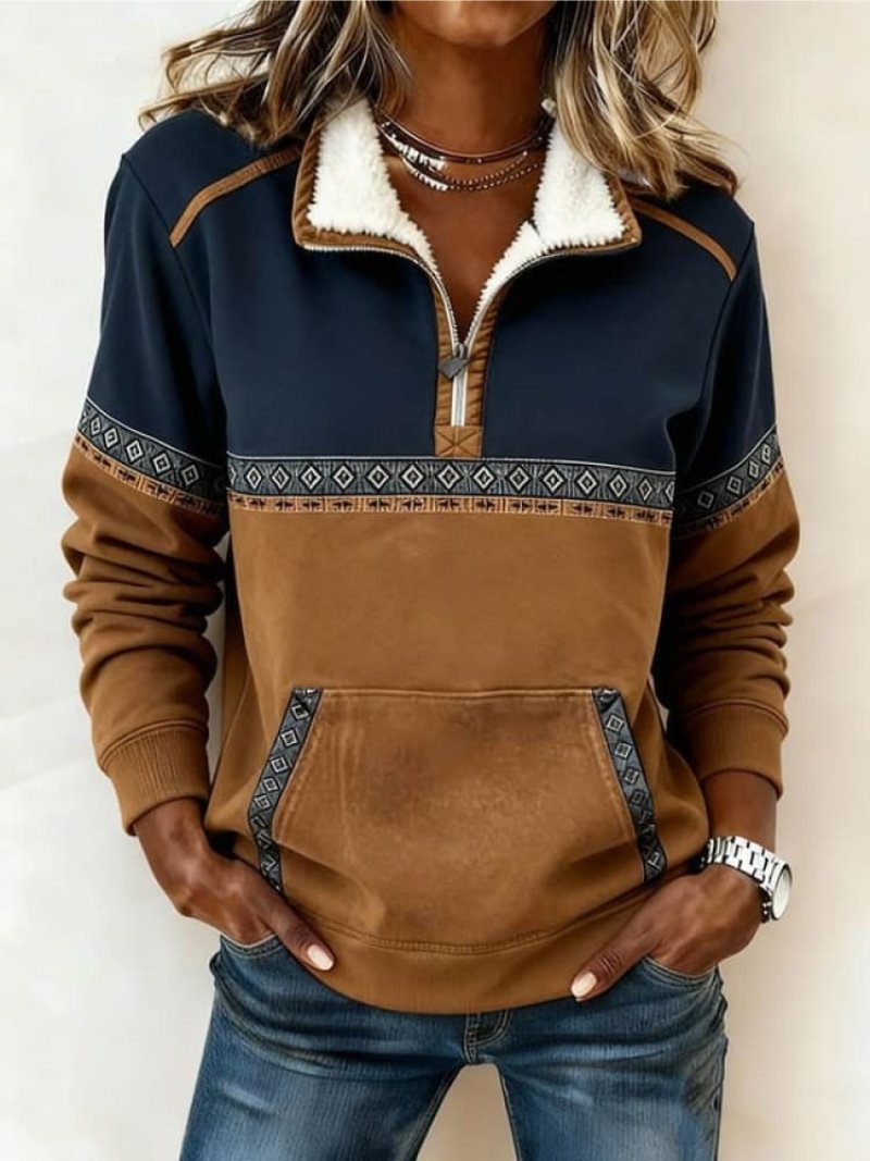 Women's Colour-Block Quarter-Zip Fleece-Collar Pullover Jumper - Multi-colored