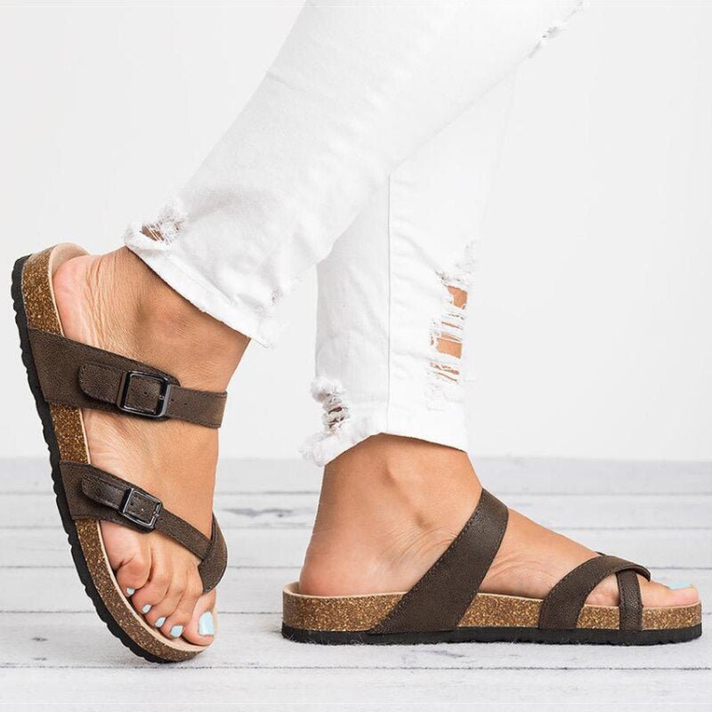 Women's Cork Footbed Toe-Ring Buckle Strap Flat Sandals