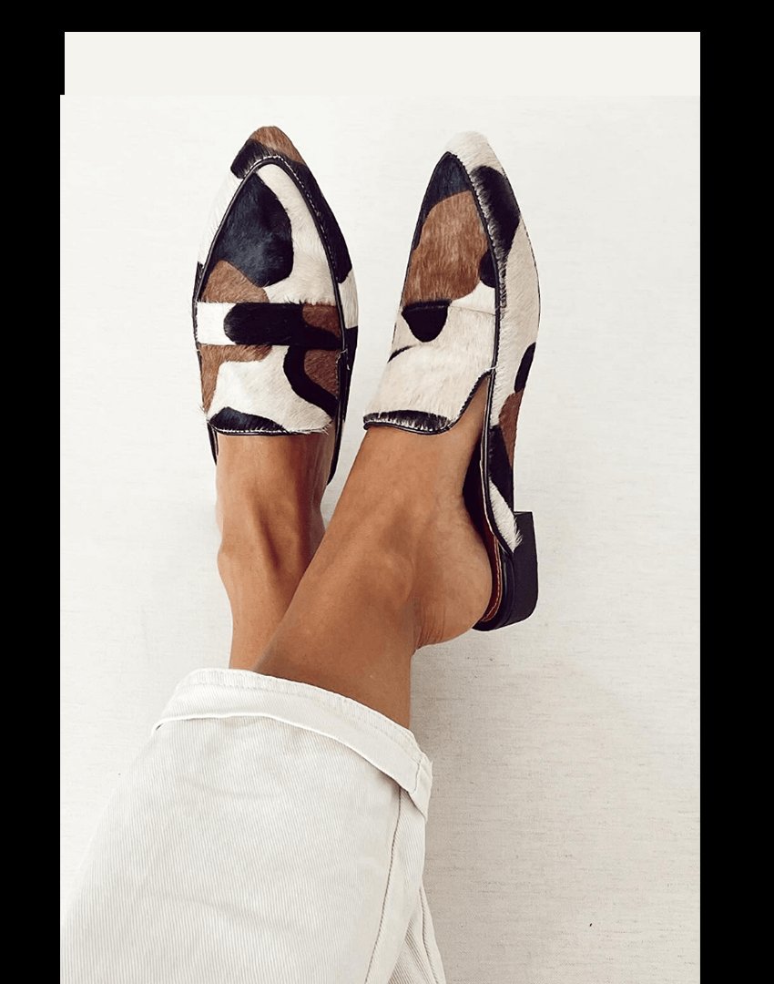 Women's Cow-Print Pointed-Toe Slip-On Mule Loafers - Black/White