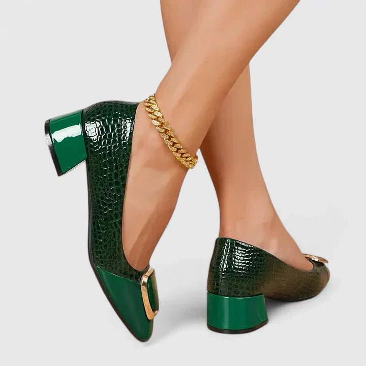 Women's Croc-Embossed Block-Heel Gold-Buckle Loafer Pumps - Green