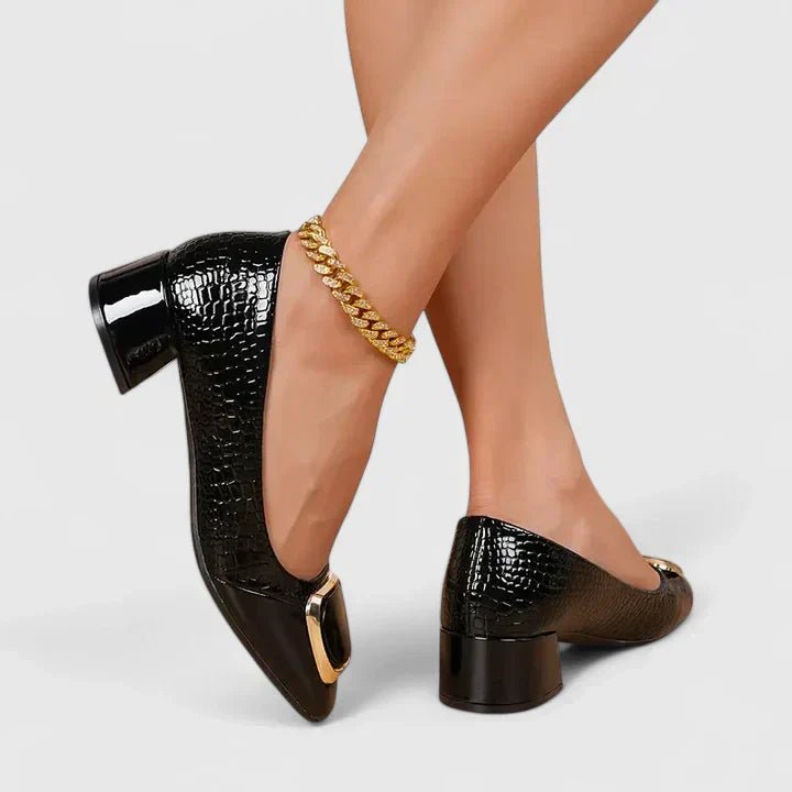 Women's Croc-Embossed Block-Heel Gold-Buckle Loafer Pumps - Black