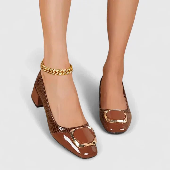 Women's Croc-Embossed Block-Heel Gold-Buckle Loafer Pumps