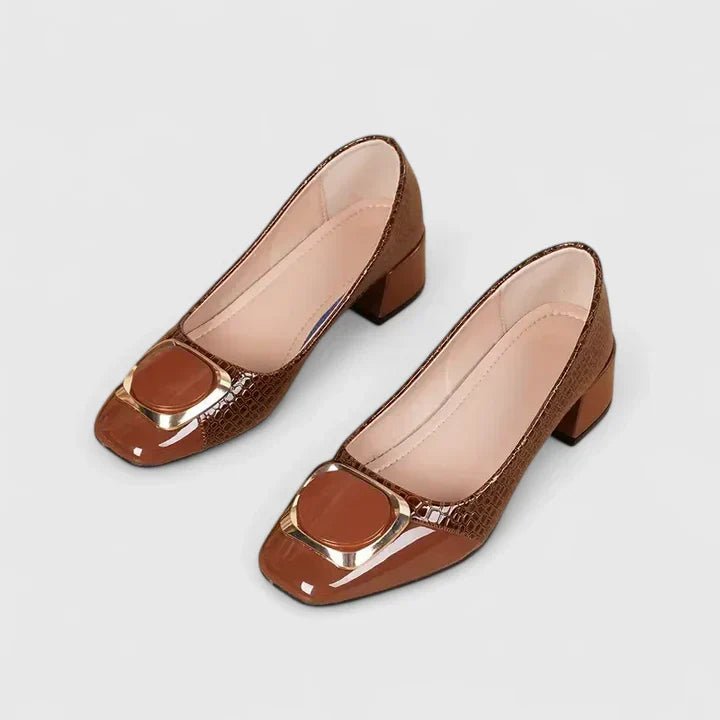 Women's Croc-Embossed Block-Heel Gold-Buckle Loafer Pumps
