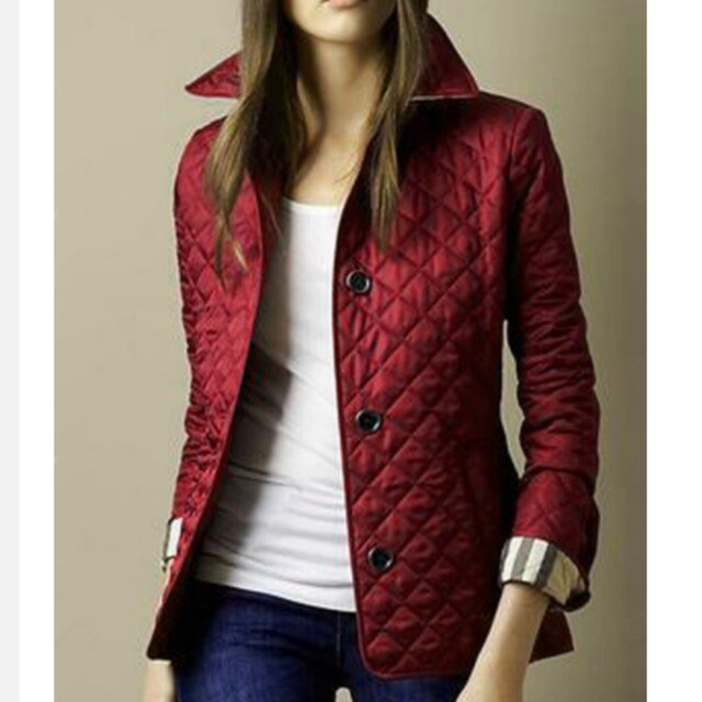 Women's Diamond-Quilted Button-Through Tailored Outerwear Jacket - Burgundy