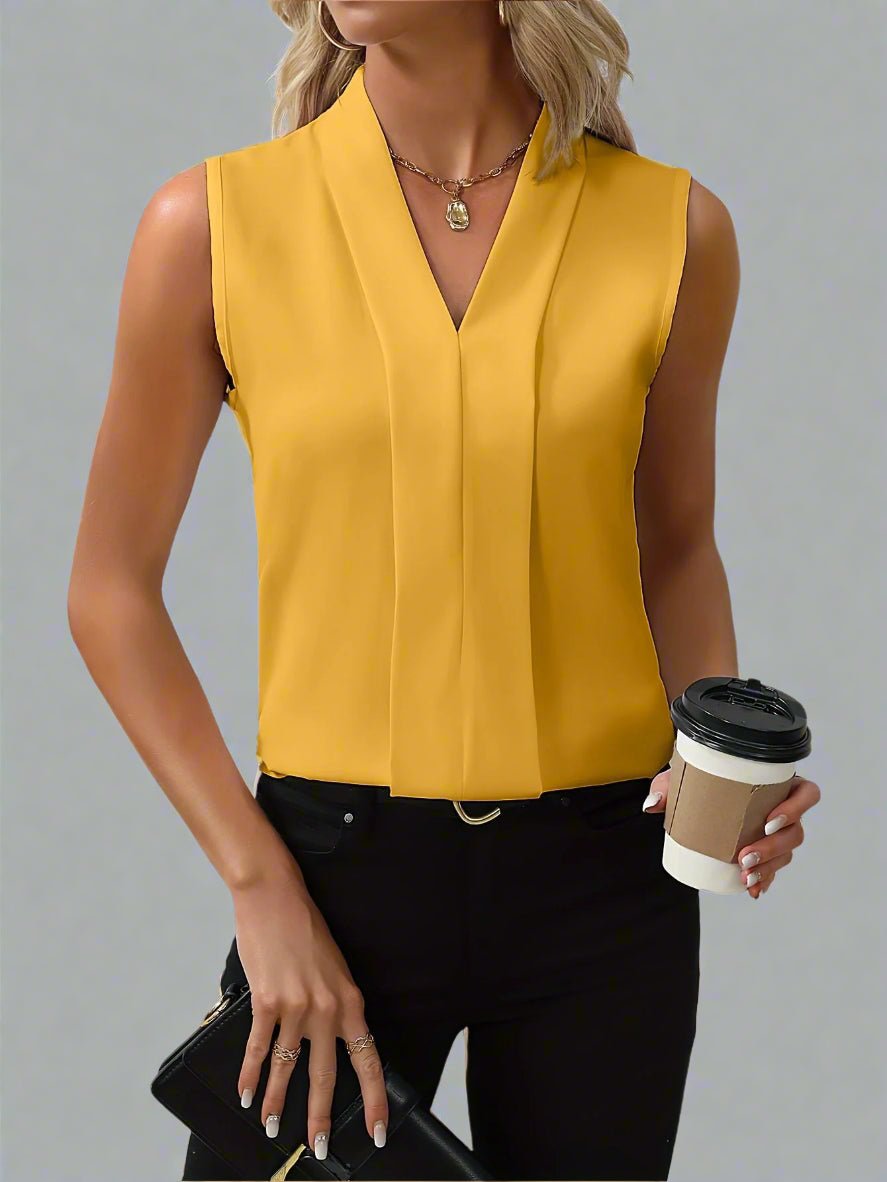 Women's Elegant Satin Sleeveless V-Neck Pleated Blouse - Yellow