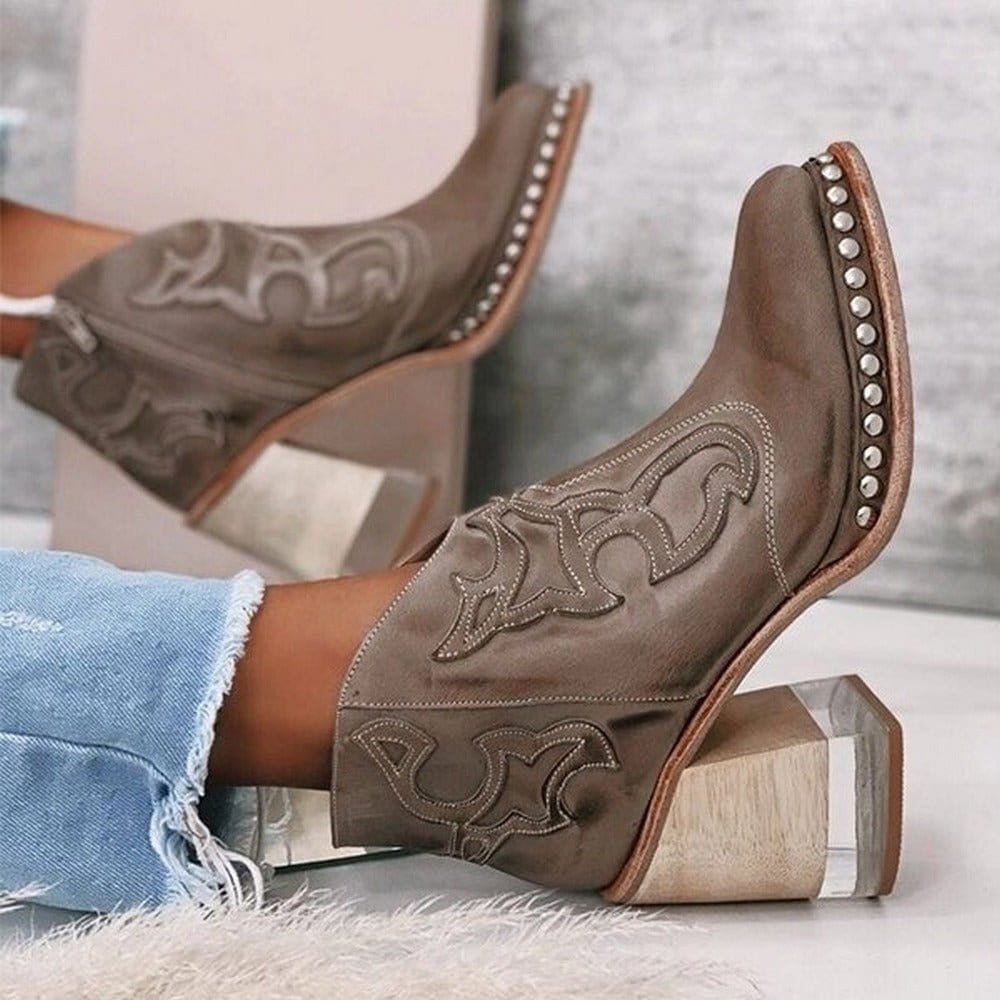 Women's Embroidered Western Cowboy Block-Heel Ankle Boots - Texan Brown