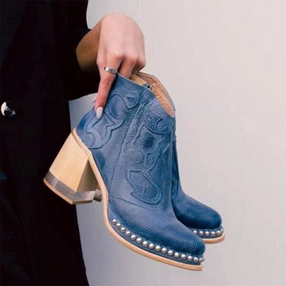 Women's Embroidered Western Cowboy Block-Heel Ankle Boots - Capri Blue