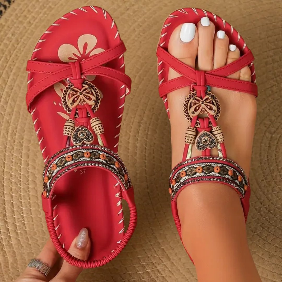 Women's Flat T-Strap Boho Beaded Orthopedic Summer Sandals - Red