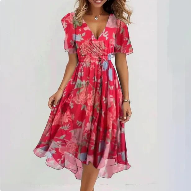 Women's Floral Chiffon Flutter-Sleeve V-Neck Wrap Midi Dress - Roze
