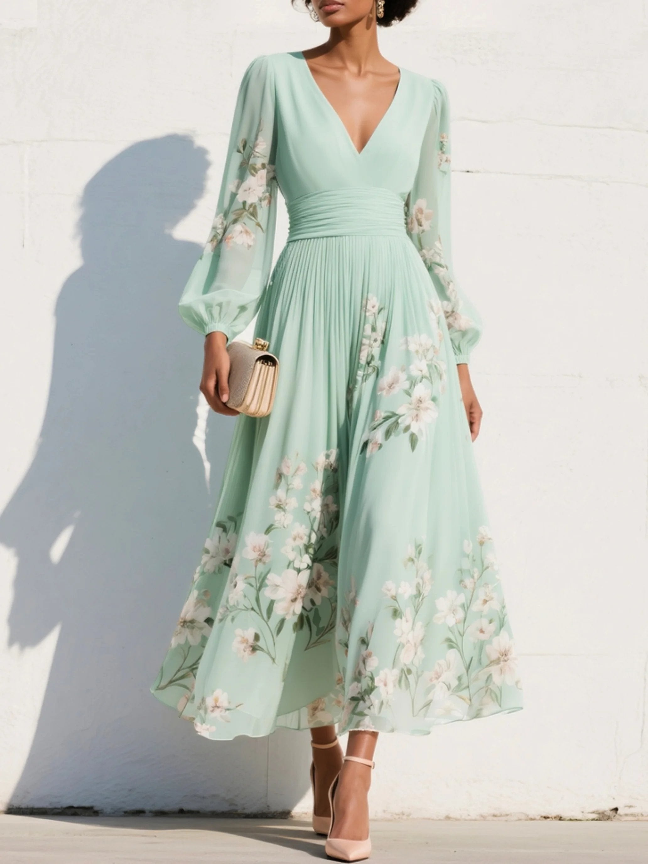 Women's Floral Chiffon V-Neck Balloon-Sleeve Midi Dress - Light Green