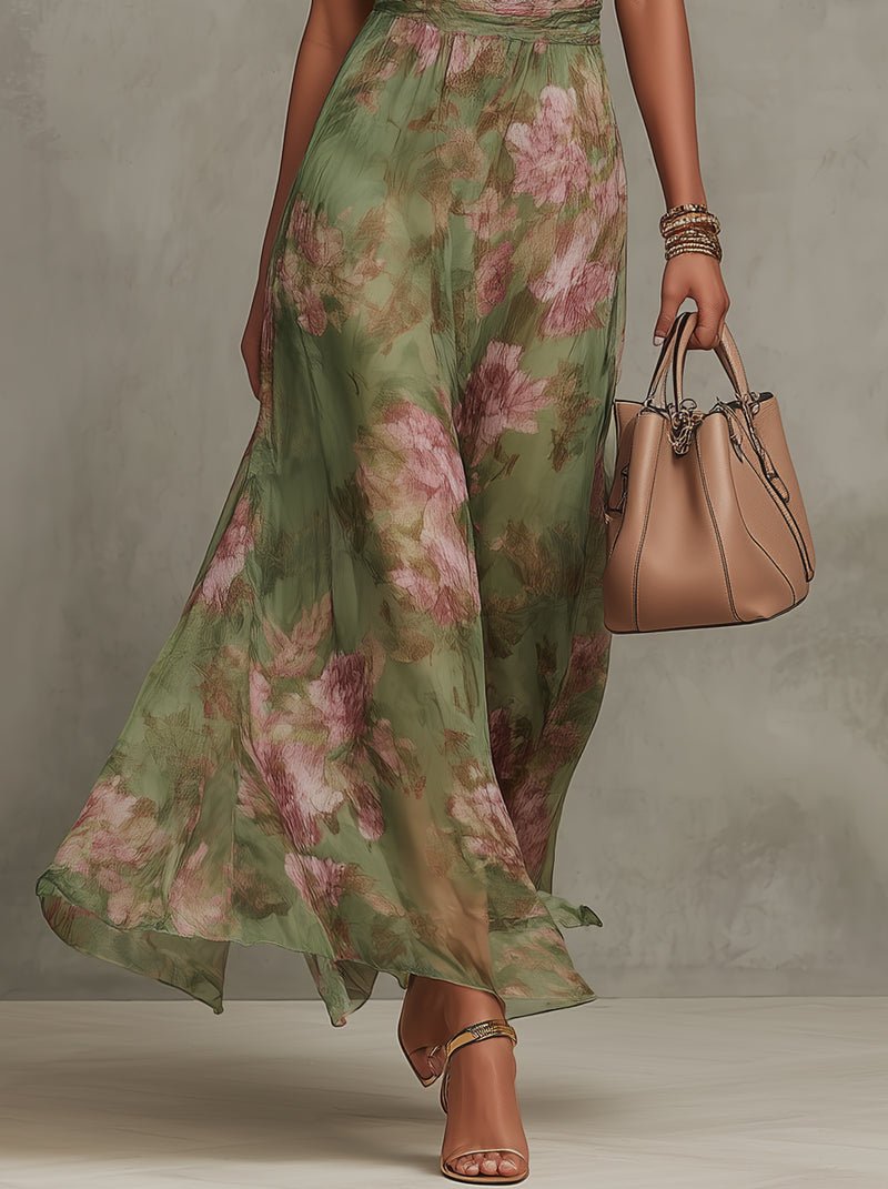 Women's Floral Halter Neck Sleeveless Chiffon Maxi Dress