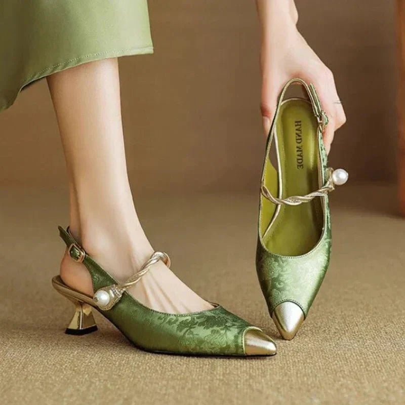 Women's Floral Jacquard Pointed-Toe Kitten Heel Slingback Sandals - Green