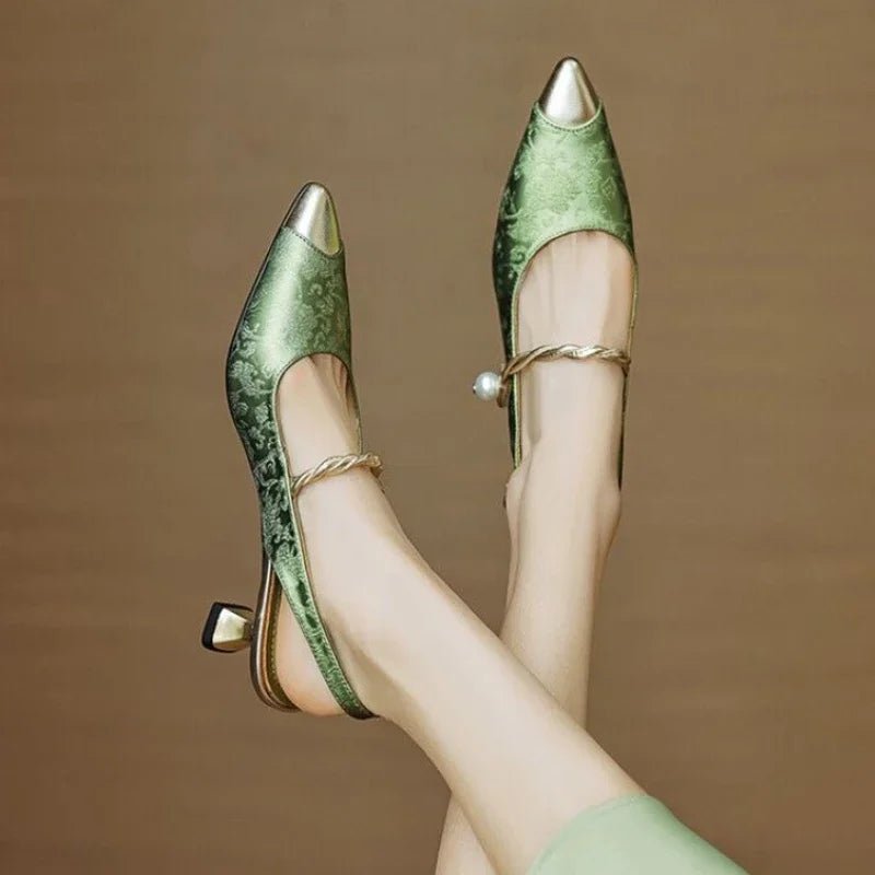 Women's Floral Jacquard Pointed-Toe Kitten Heel Slingback Sandals
