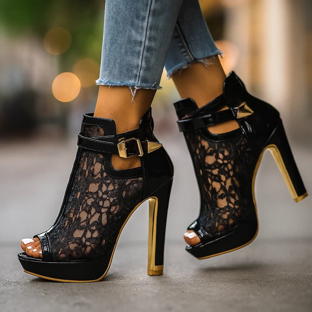 Women's Floral Lace Peep-Toe Stiletto Heel Ankle-Strap Boots