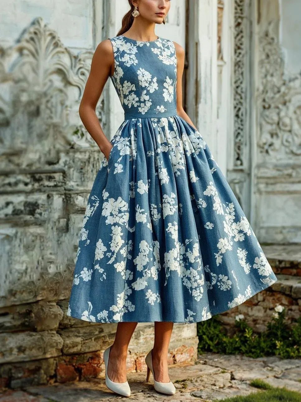 Women's Floral Pleated A-Line Sleeveless Midi Dress - Blue