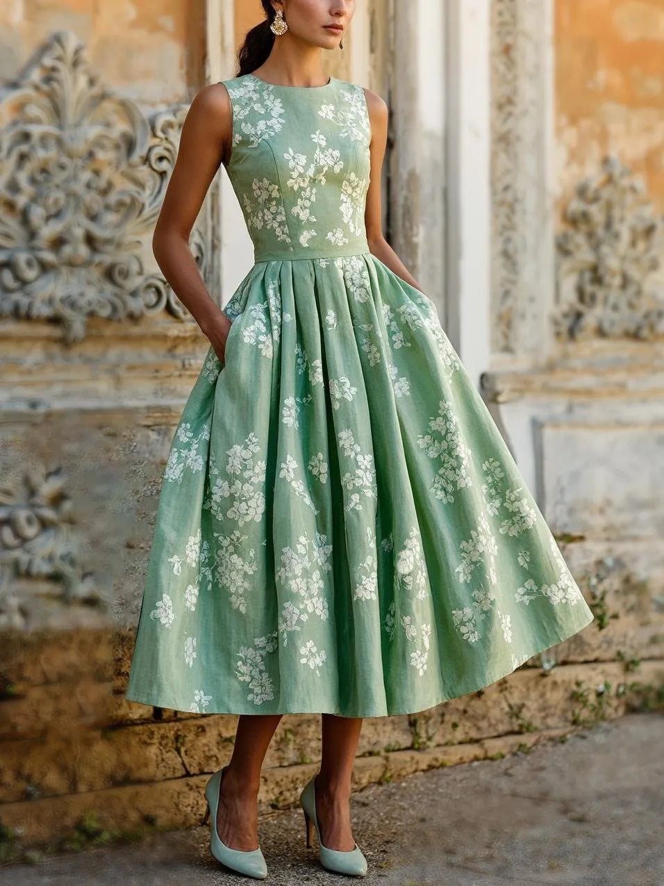 Women's Floral Pleated A-Line Sleeveless Midi Dress - Green