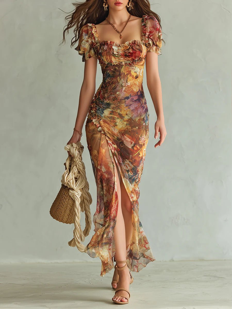 Women's Floral Print Chiffon Ruched Sweetheart Maxi Dress - Orange